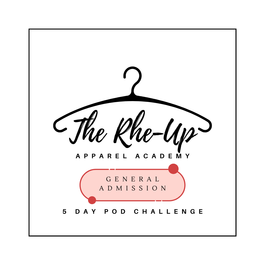 Promotional graphic for 'The Rhe-Up Apparel Academy 5 Day POD Challenge' featuring a hanger icon and text layout on a white background.