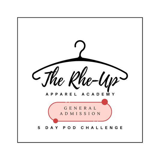 Promotional graphic for 'The Rhe-Up Apparel Academy 5 Day POD Challenge' featuring a hanger icon and text layout on a white background.