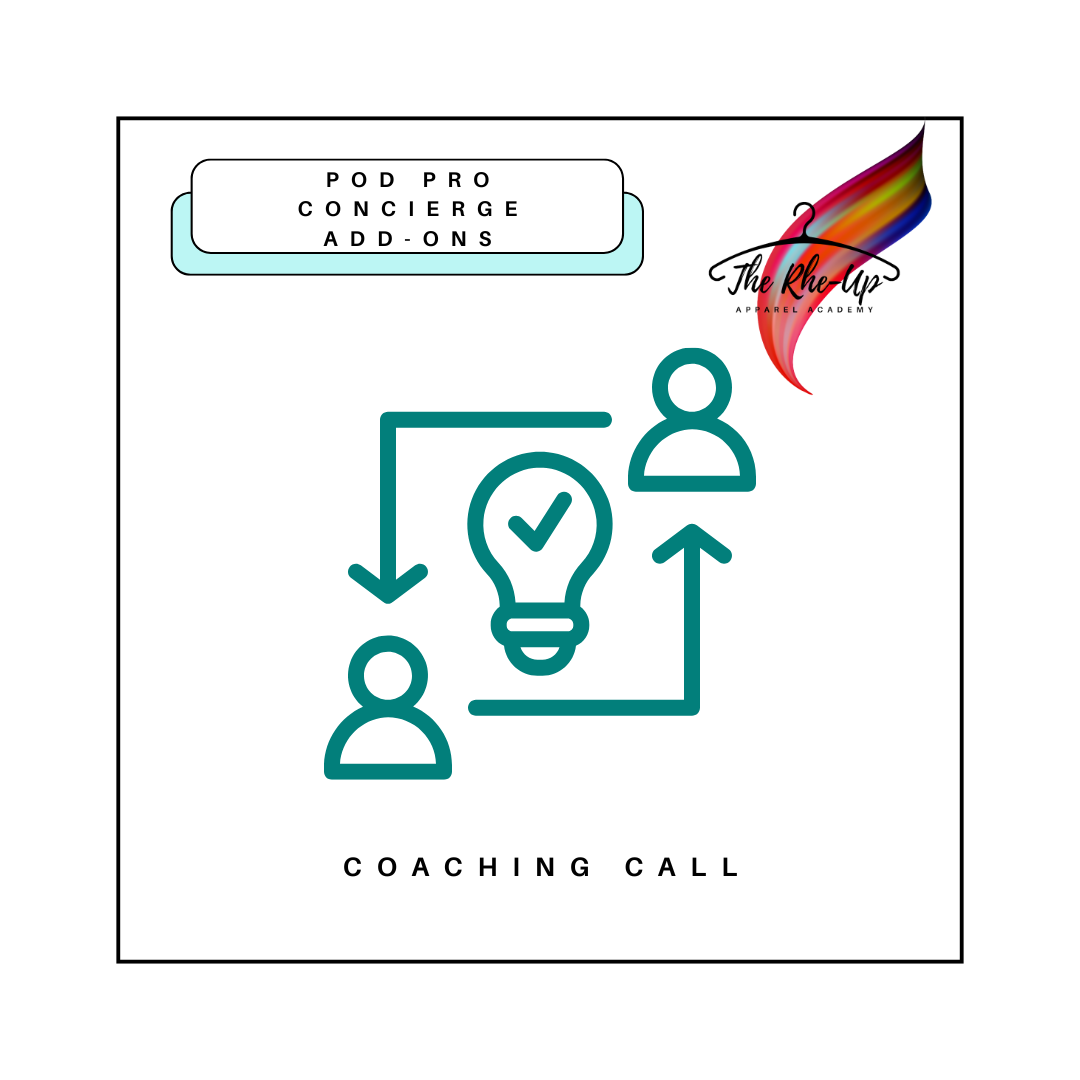 Promotional graphic for POD Pro Concierge coaching call add-ons, featuring an illustration of two people with a light bulb, symbolizing innovation or creativity, and text indicating the service is for 'COACHING CALL'.