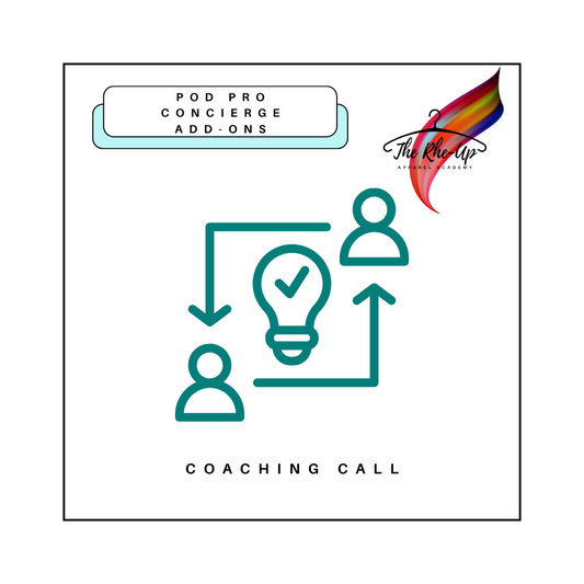 Promotional graphic for POD Pro Concierge coaching call add-ons, featuring an illustration of two people with a light bulb, symbolizing innovation or creativity, and text indicating the service is for 'COACHING CALL'.