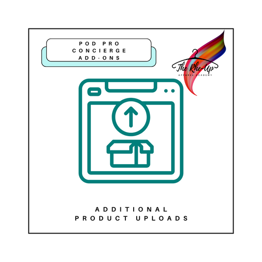 Promotional graphic for POD Pro Concierge Additional Product Uploads service, featuring an illustration of a product being uploaded to a Shopify store, with a logo and text.