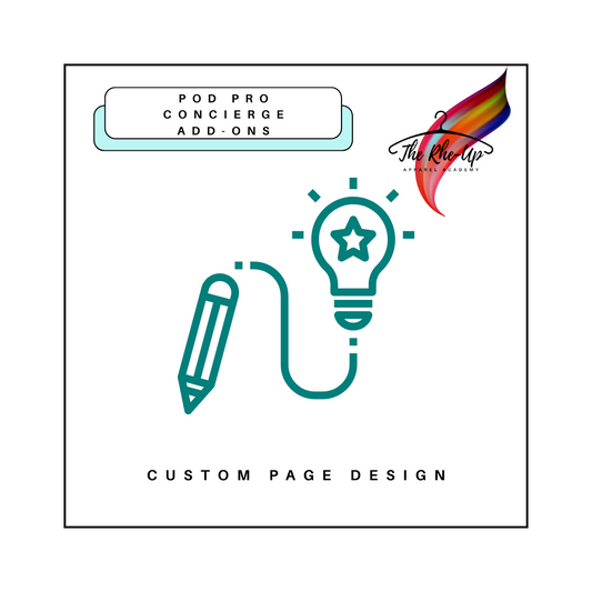 Promotional graphic for POD Pro Concierge Custom Page Design service, featuring a light bulb, pencil, and text elements representing a tailored, branded page design.