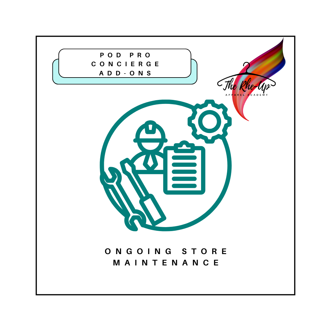 Promotional graphic for POD Pro Concierge Ongoing Store Maintenance service, featuring an illustration of a person with a notepad and gear, symbolizing support and maintenance, alongside the text and brand logo.
