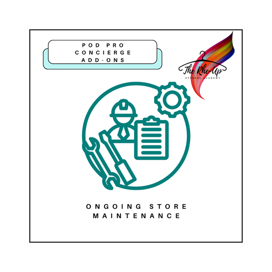 Promotional graphic for POD Pro Concierge Ongoing Store Maintenance service, featuring an illustration of a person with a notepad and gear, symbolizing support and maintenance, alongside the text and brand logo.