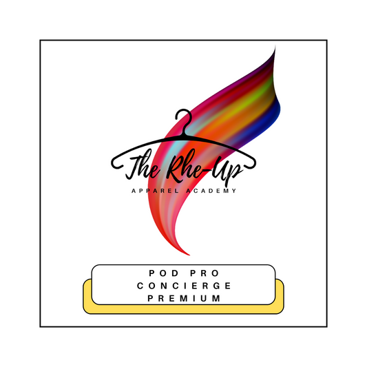 A colorful graphic of a hanger with a rainbow-colored design, alongside the text 'The Rhe-Up Apparel Academy' and 'POD Pro Concierge Premium'.