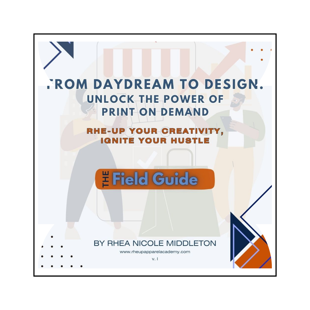 Cover of the eBook 'From Daydream to Design, Unlock the Power of Print on Demand' by Rhe Nicole Middleton featuring graphic elements and text.