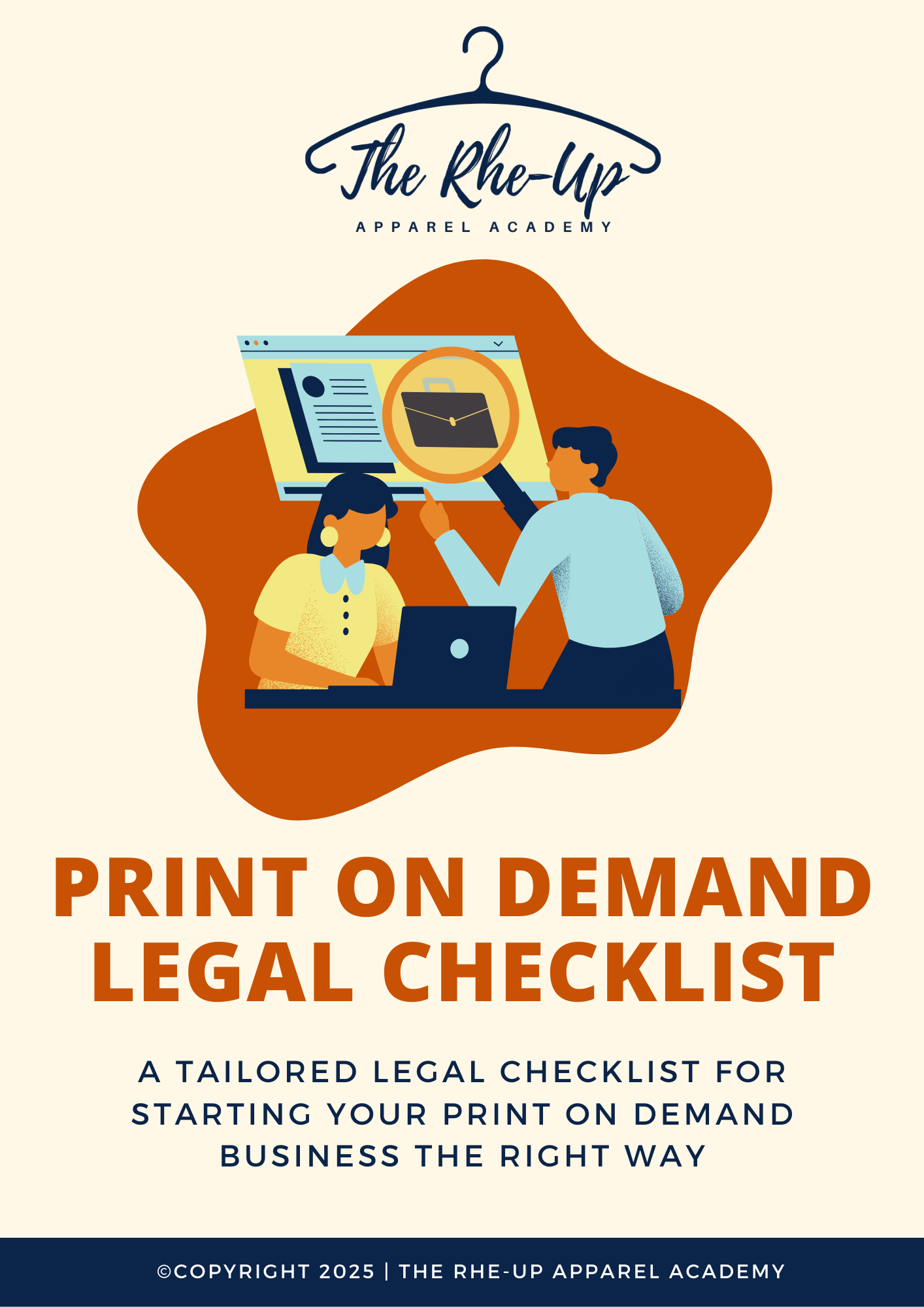 Promotional graphic for a Print On Demand Legal Checklist, featuring an illustration of two individuals with a laptop and documents, indicating a business setting.