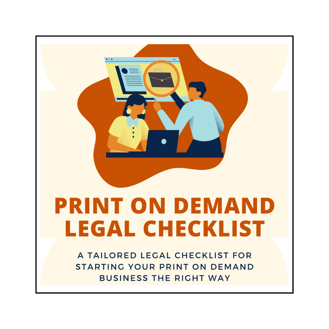 Promotional graphic for a Print On Demand Legal Checklist, featuring an illustration of two individuals with a laptop and documents, indicating a business setting.